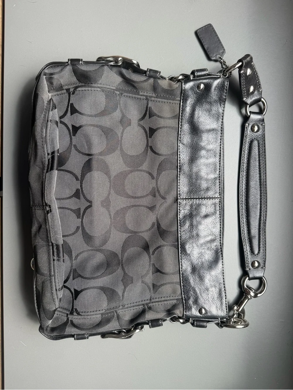 Coach Black Signature Jacquard Shoulder Bag with Leather Trim